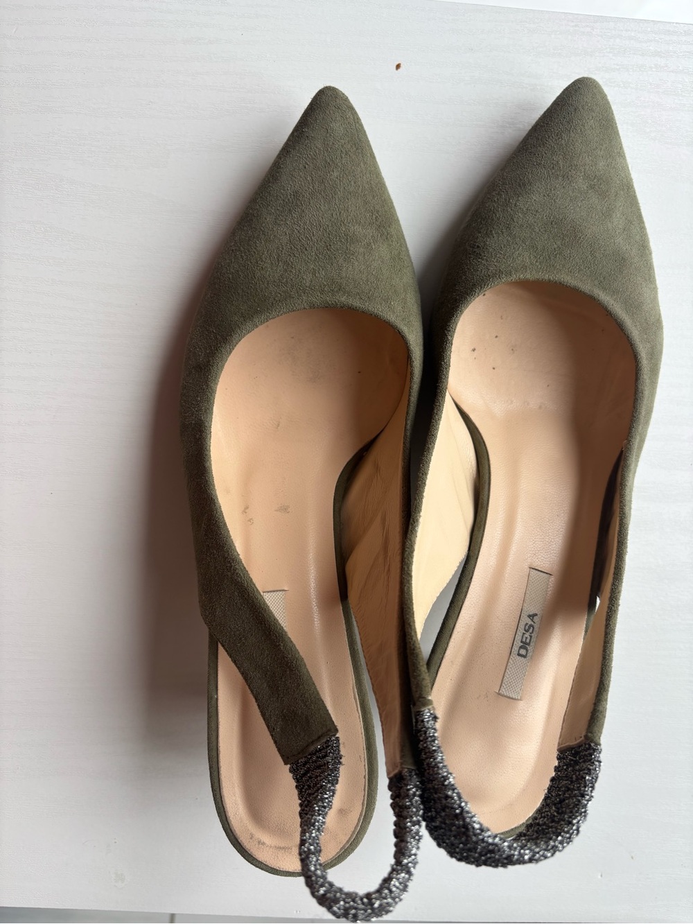 Suede Pointed-Toe Slingback Flats in Olive with Sparkle Sling